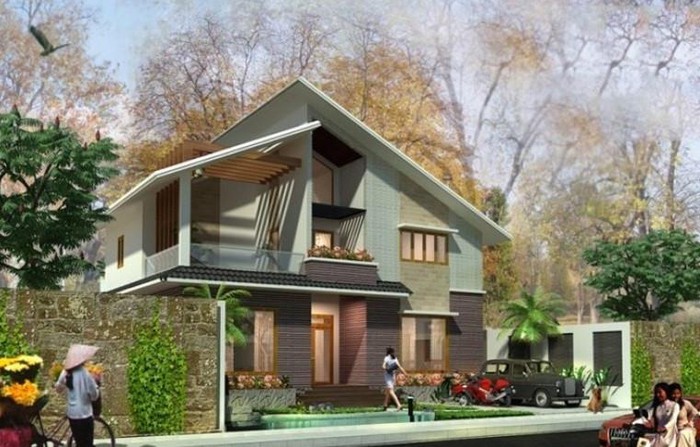 mẫu nhà 2 tầng mái lệch đẹp