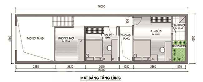 Bản vẽ mặt bằng tầng lửng nhà cấp 4 có gác lửng 4×16m