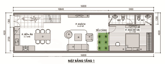 Bản vẽ mặt bằng tầng trệt nhà cấp 4 có gác lửng 4×16m