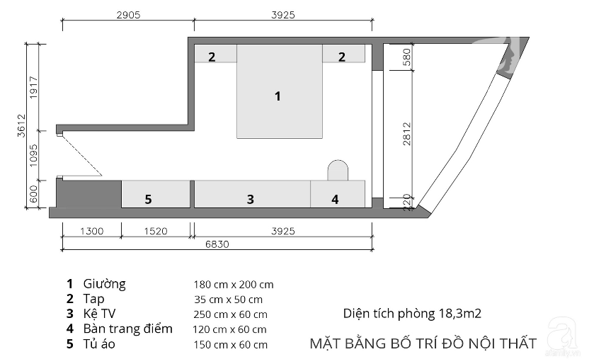 Bản vẽ thiết kế nội thất phòng ngủ diện tích 18,3m2