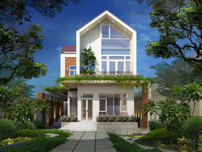 Phối cảnh tổng thể ngôi nhà 2 tầng kết hợp sân vườn