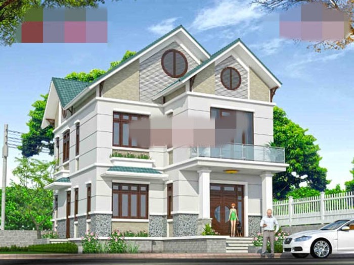 Mẫu nhà 2 tầng 80m2 gây ấn tượng với người ngắm bởi mặt tiền bề thế, đường nét kiến trúc chắc khỏe.