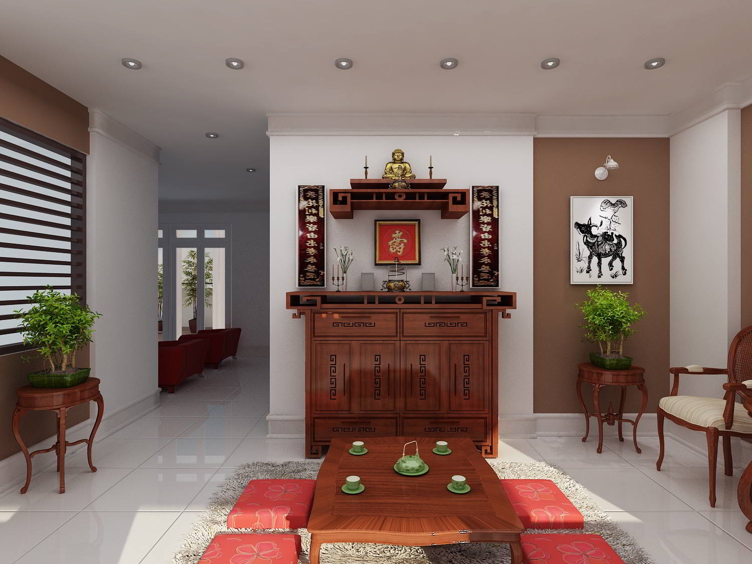 Thiết kế phòng khách chung với phòng thờ