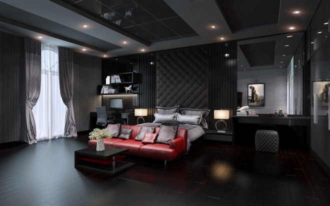 Phòng ngủ con trai lớn với gam màu đen cá tính, hệ thống tủ kệ hiện đại, sofa đỏ làm điểm nhấn cho toàn không gian
