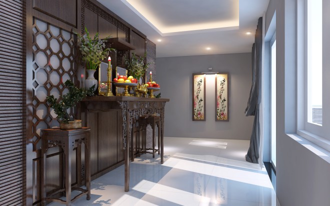Phòng thờ với kệ và vách ốp gỗ