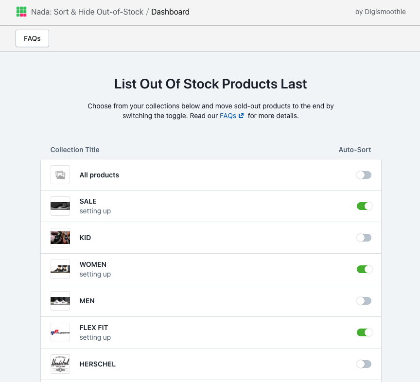 The dashboard of the Nada: Sort & Hide Out‑of‑Stock app