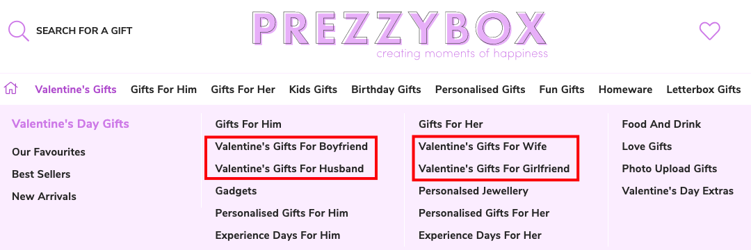 Featured Valentine Day's categories on Prezzybox store