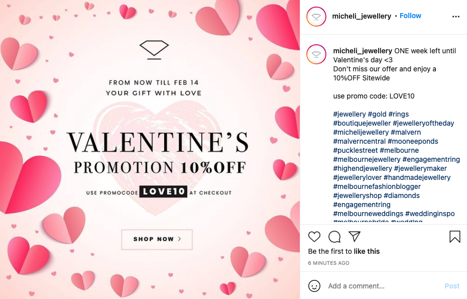 Example of Valentine's discount on Micheli Jewellery store