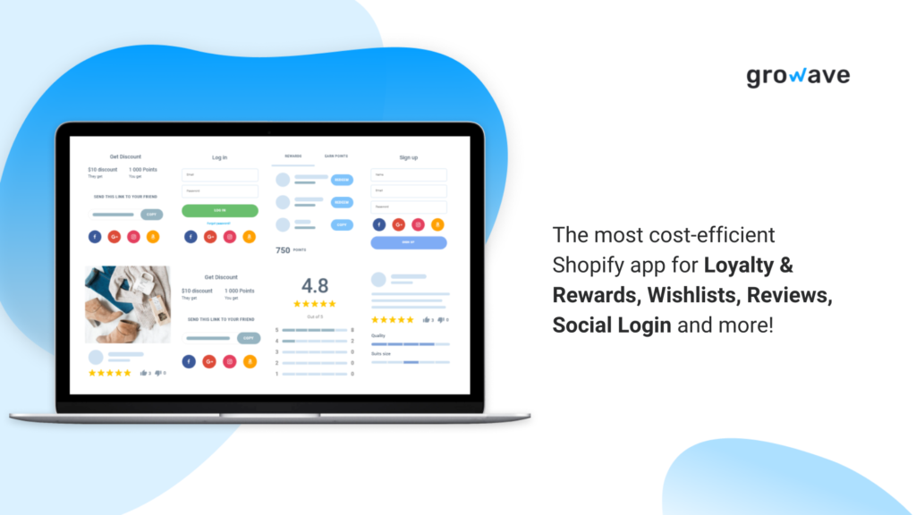 Growave App for product reviews, wishlists, loyalty programs, referrals, social login, and UGC