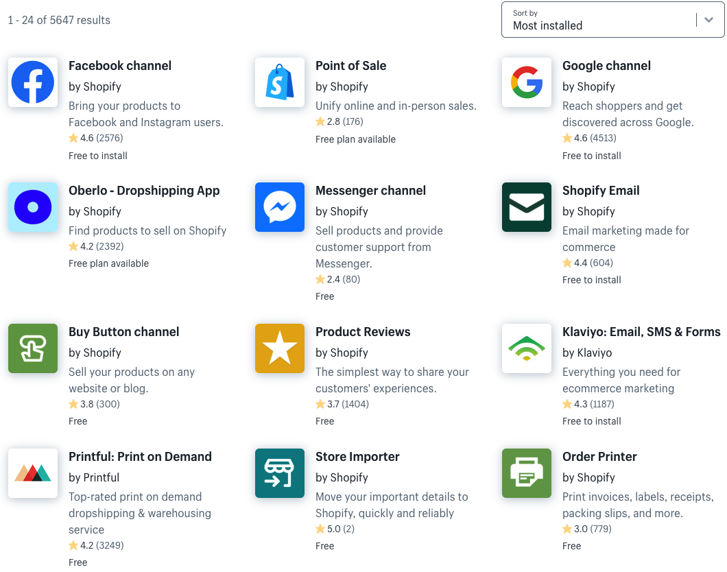 Most installed apps on the Shopify App Store