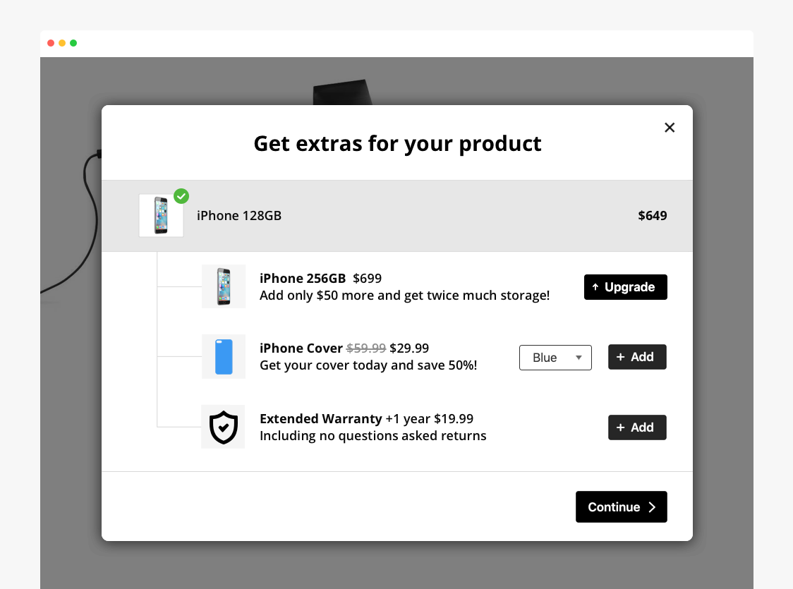 The perfect upsell pop-up including upsell, relevant cross-sell, and premium service