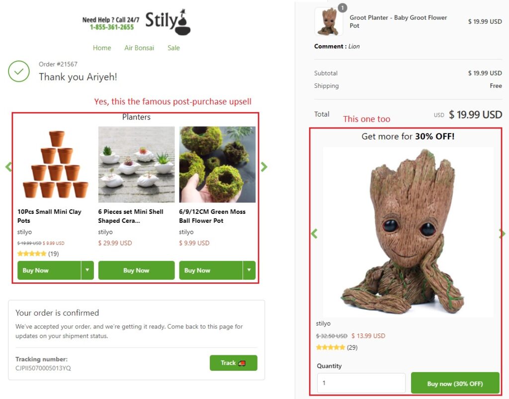 Example of the post-purchase upsell on Shopify