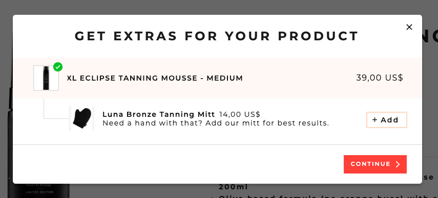 Example of the pre-purchase upsell done via Candy Rack app