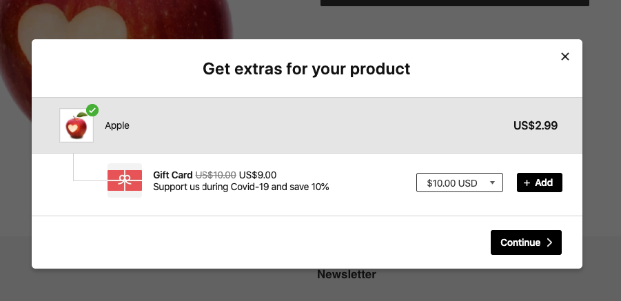 Example of offering gift card on the Candy Rack pop-up