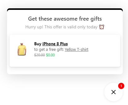 Gift Box pop-up showing the free gift when a specific product is purchased