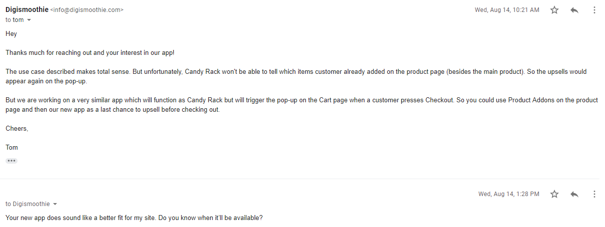 Example of a Discussion About Candy Cart App With Our Merchants