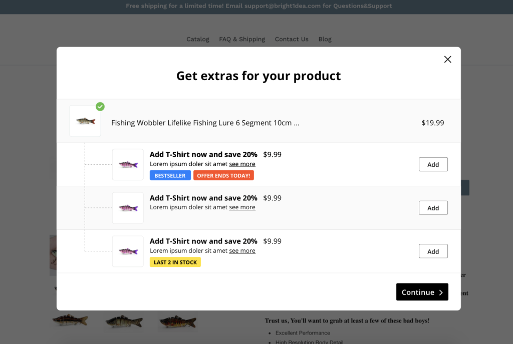 One of the possible versions of the new upsell pop-up including the custom labels