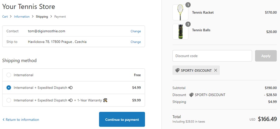 Example of a native checkout upsell via shipping in Shopify