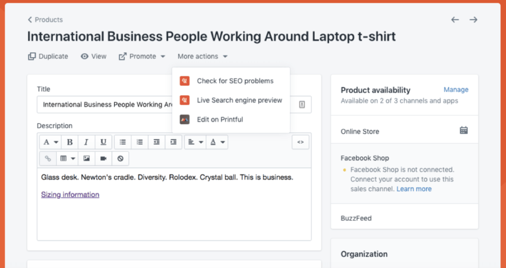 Screenshot of the Plug in SEO integration with Shopify products
