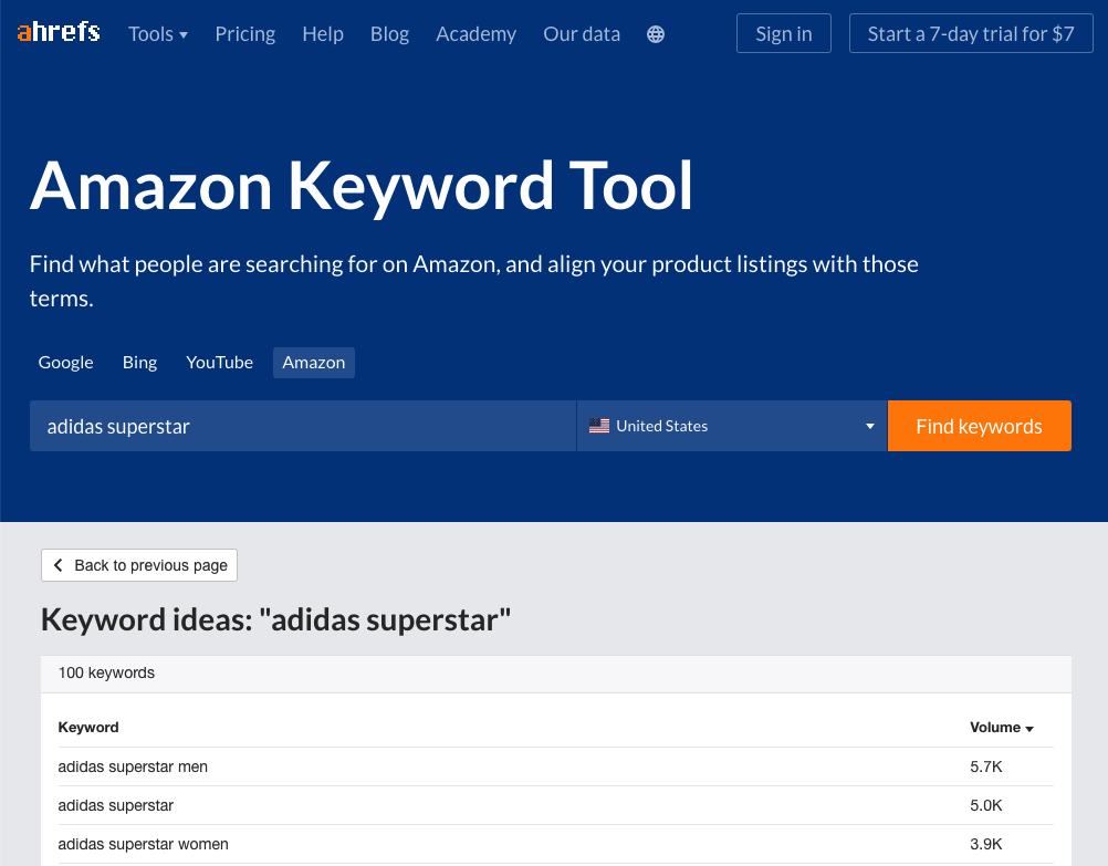 Keyword ideas for "adidas superstar" in Amazon Keyword Tool by ahrefs