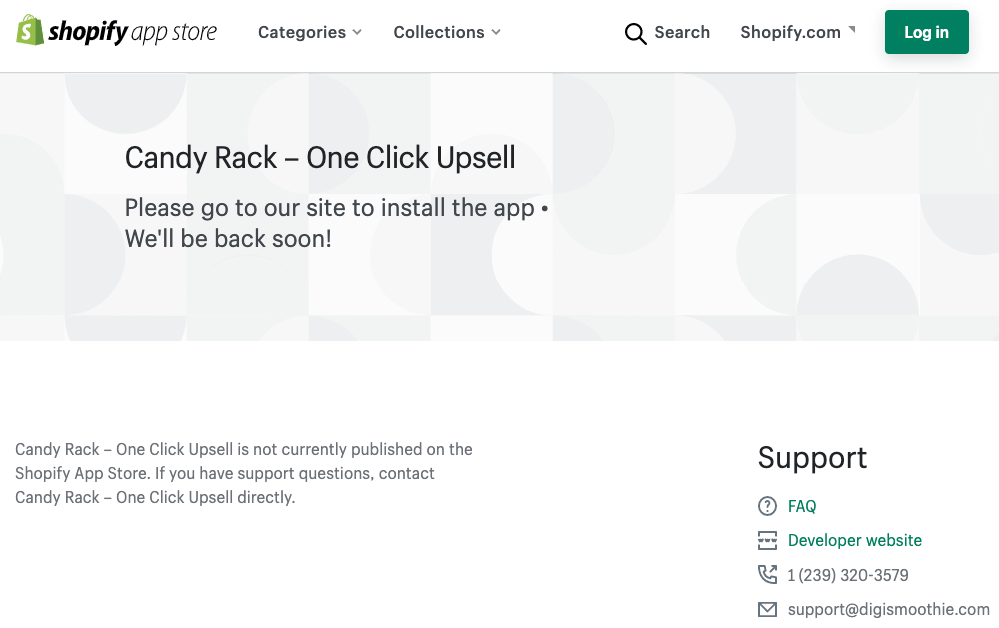 Sad view of the current Candy Rack listing on the Shopify App Store