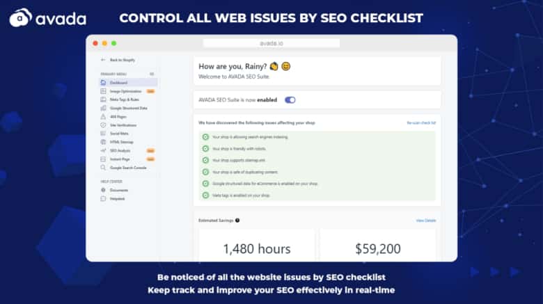 Screenshot of the AVADA SEO Suite dashboard