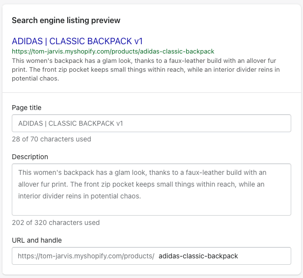 Editing page title and description in Shopify product admin