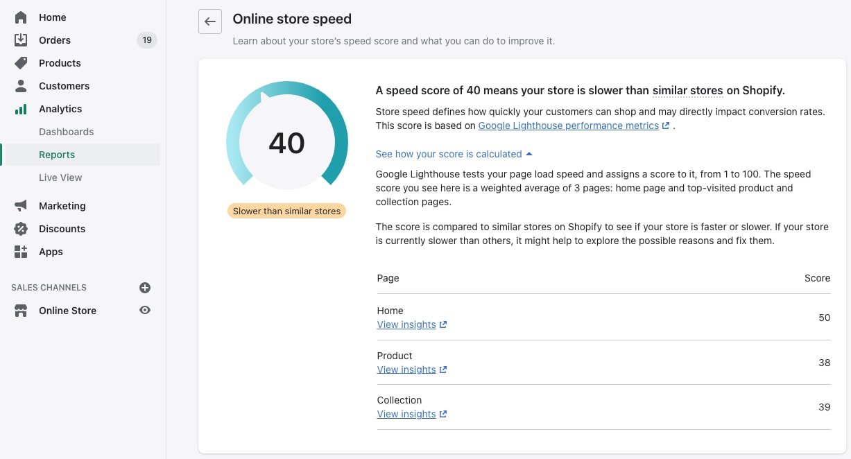 Performance report in Shopify admin