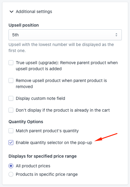Enabling quantity selector in additional settings