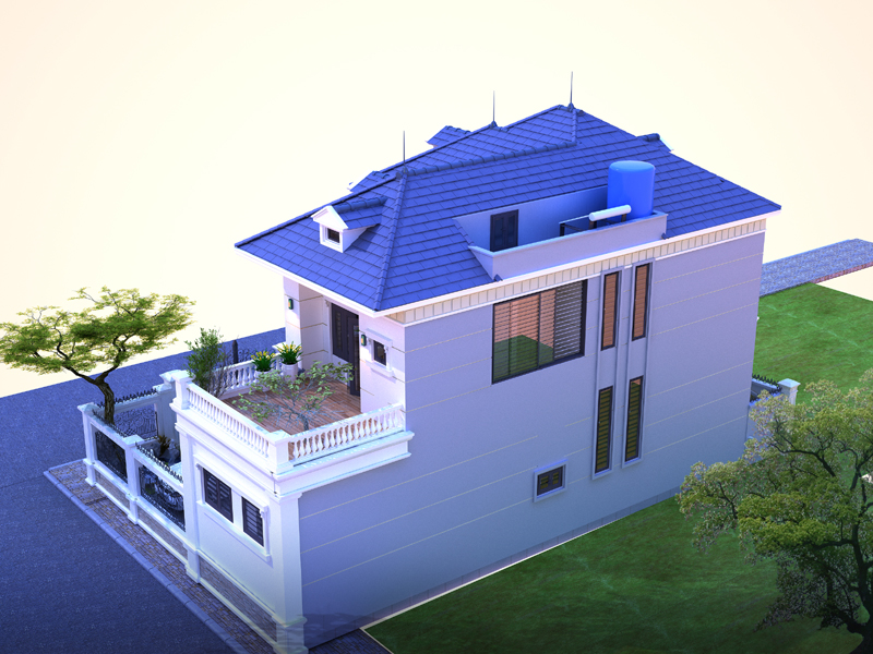 hình ảnh phối cảnh mặt sau biệt thự 2 tầng