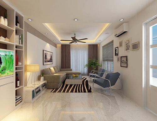 hình ảnh phòng khách rộng rãi, thoáng sáng với điểm nhấn là thảm trải màu nâu kẻ sọc, ghế bành thư giãn màu xám xanh, rèm cửa màu nâu