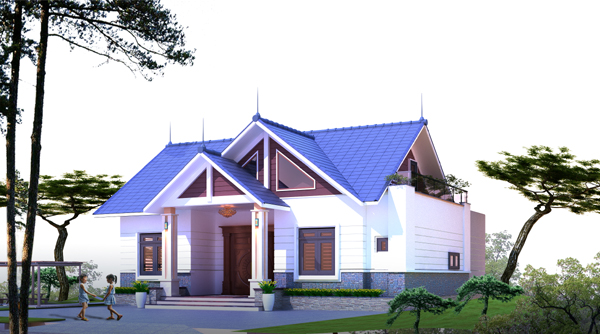 hình ảnh phối cảnh 3D mẫu biệt thự 1 tầng mái Thái hiện đại với khoảng sân trước rộng thoáng làm sân chơi cho trẻ và nơi đậu ô tô.