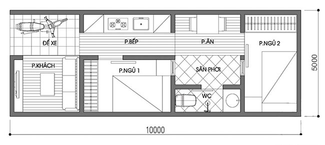 mặt bằng nhà cấp 4 diện tích 5x10m