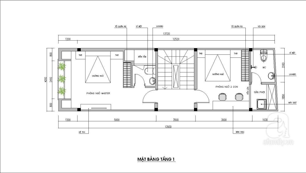 Bản vẽ thiết kế mặt bằng tầng 1 nhà ống 2 tầng