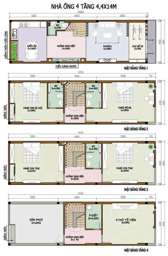 mặt bằng nhà ống 4 tầng