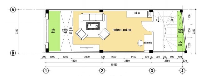 Tầng 2 thiết kế phòng khách rộng