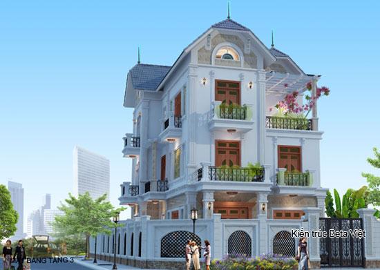 Phối cảnh tổng thể mẫu biệt thự 3 tầng đẹp.