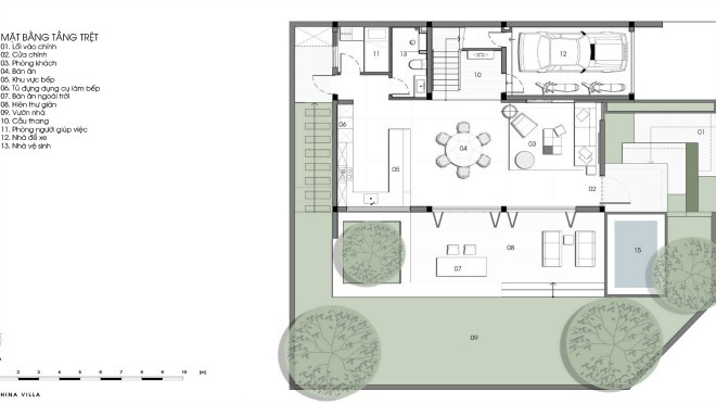 Bản thiết kế mặt bằng tầng 1 của biệt thự hiện đại.