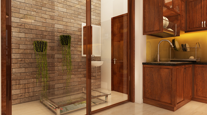 Khoảng sân sau nhà có một hồ cá nhỏ