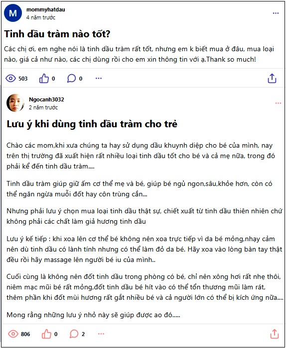 chia sẻ của các mẹ về tinh dầu tràm bé yêu