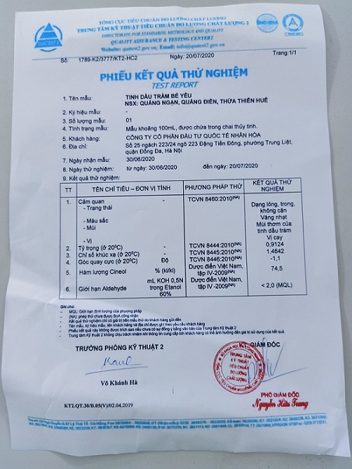 giấy chứng nhận sản phẩm tinh dầu tràm