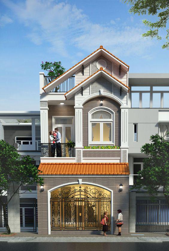 Phối cảnh 3D mẫu nhà ống 2 tầng mái Thái