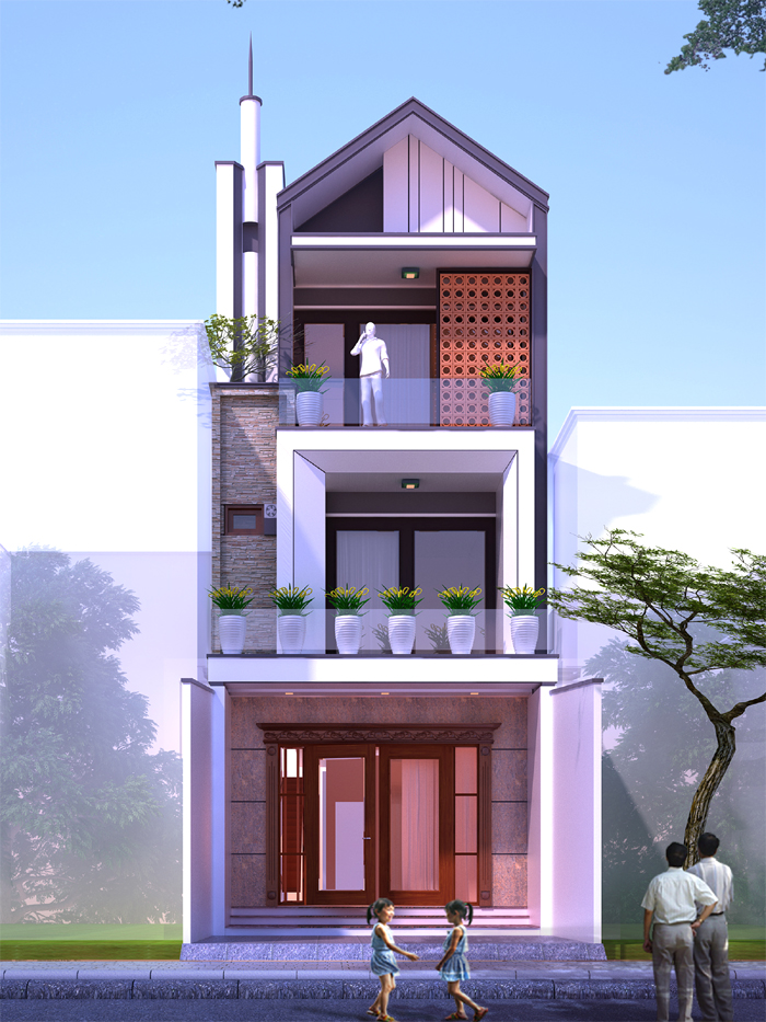 Mảng tường gạch hoa gió và hệ cửa kính khung gỗ màu nâu tạo cảm giác ấm áp, thân thiện và gần gũi cho mặt tiền nhà ống 3 tầng.