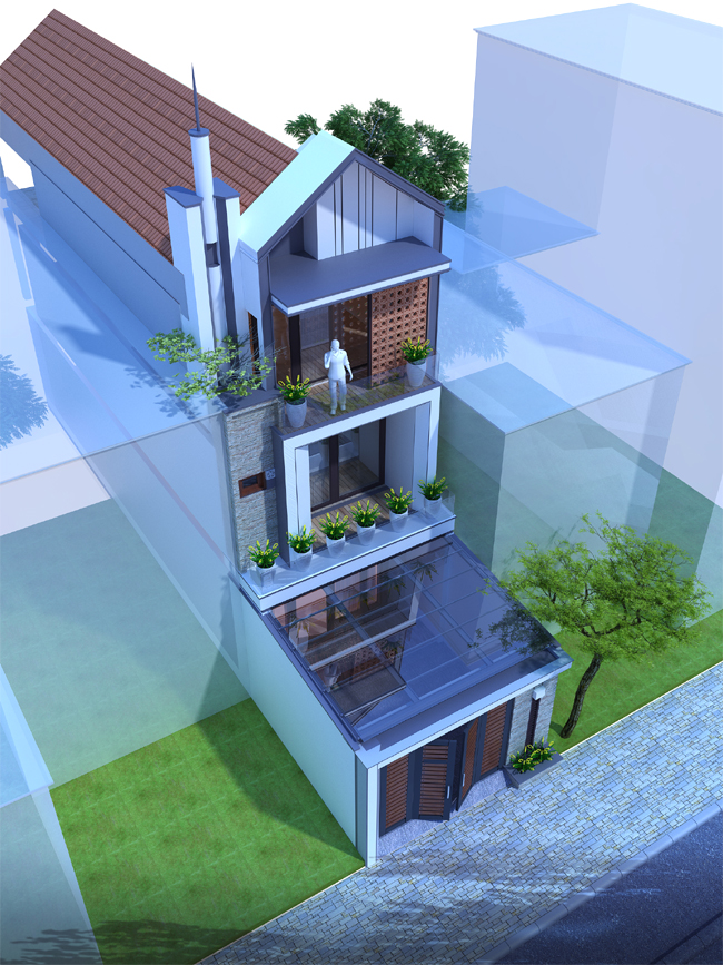 Phối cảnh 3D mẫu nhà ống 3 tầng mặt tiền 5,5m phong cách hiện đại, trẻ trung