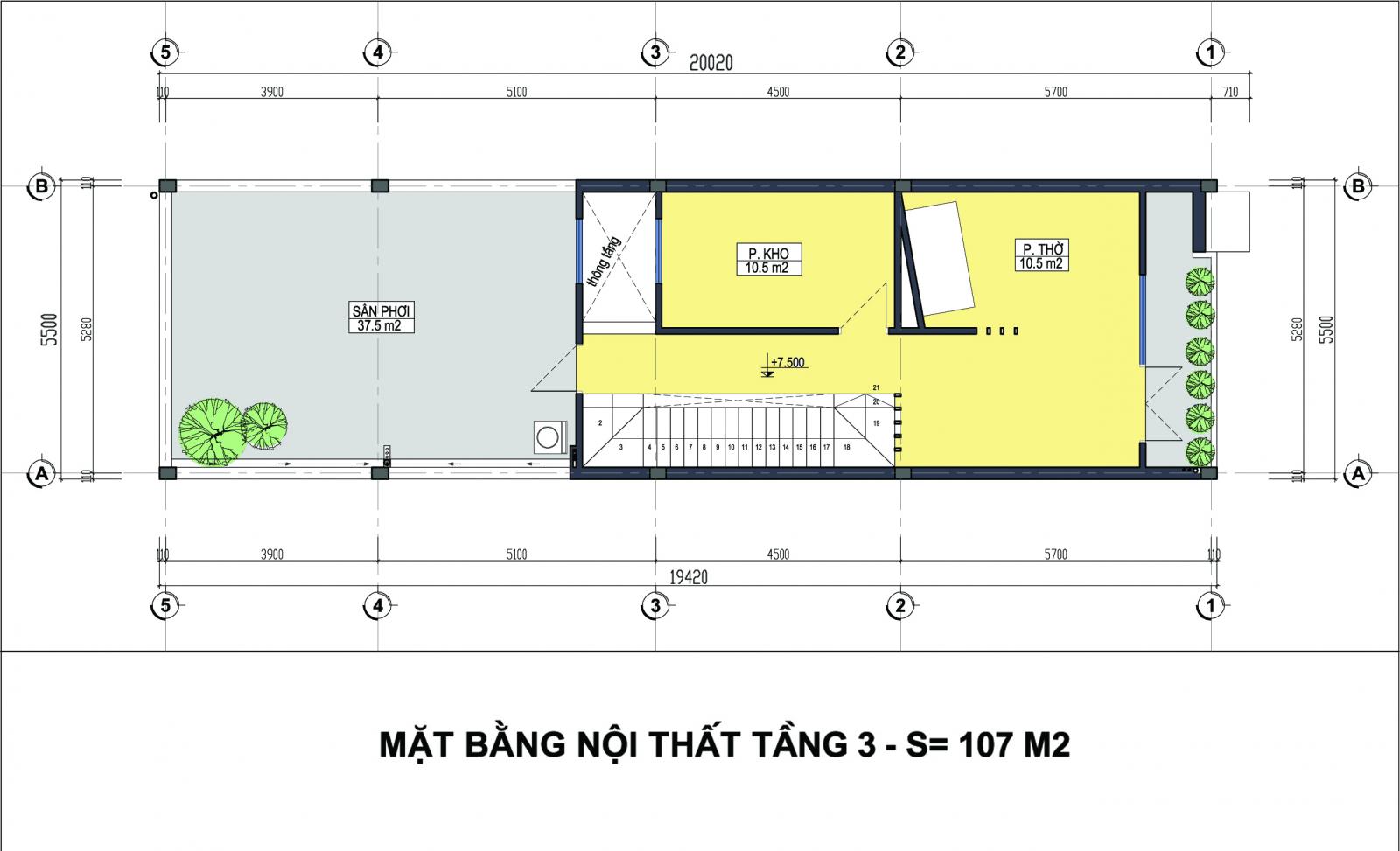 Bản vẽ thiết kế mặt bằng tầng 3 nhà ống