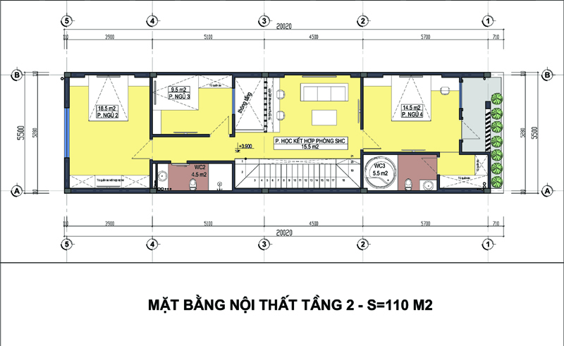 Bản vẽ thiết kế mặt bằng tầng 2 nhà ống