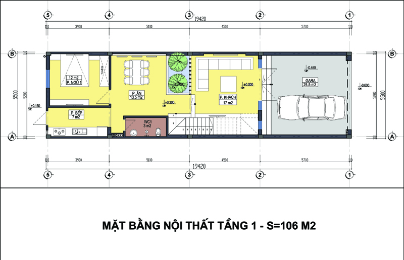 Bản vẽ thiết kế mặt bằng tầng 1 nhà ống