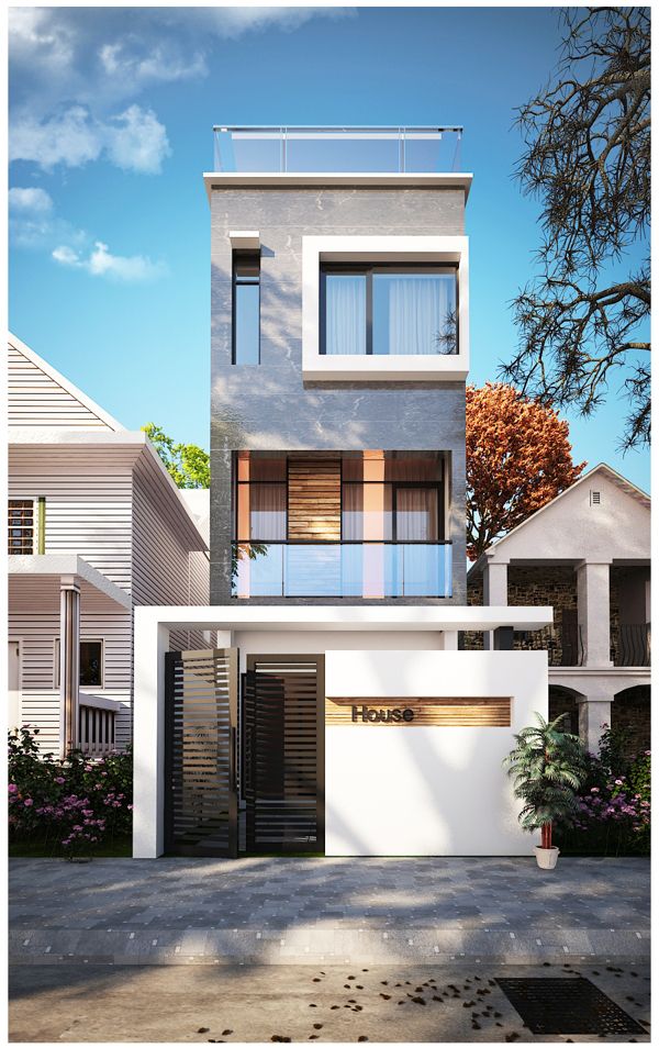 Hình ảnh phối cảnh 3D mẫu nhà ống lệch tầng hiện đại với mặt tiền sử dụng ốp đá, hệ cửa kính lớn trong suốt.
