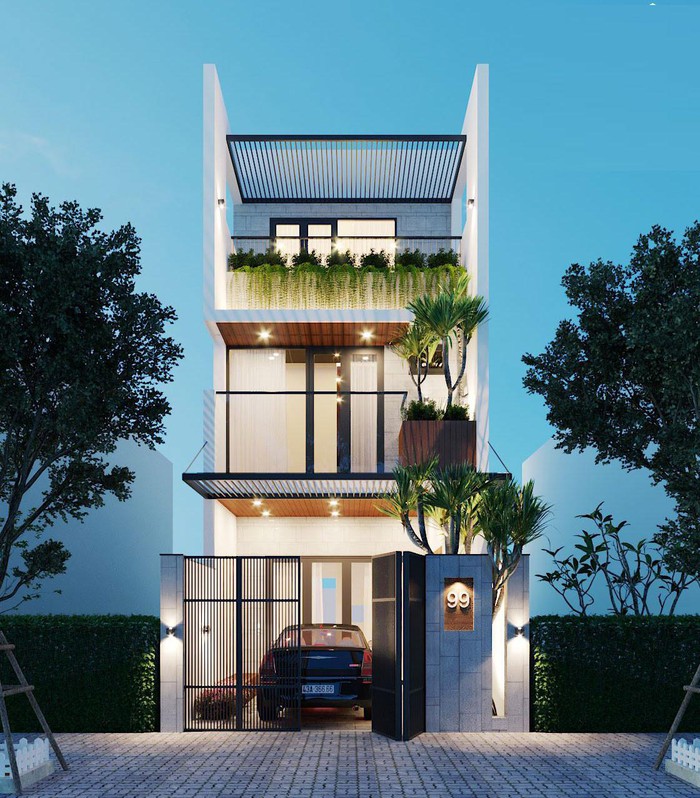 Hình ảnh phối cảnh 3D mẫu nhà ống lệch tầng với mái che đua ra ngoài, ban công trồng nhiều cây xanh.