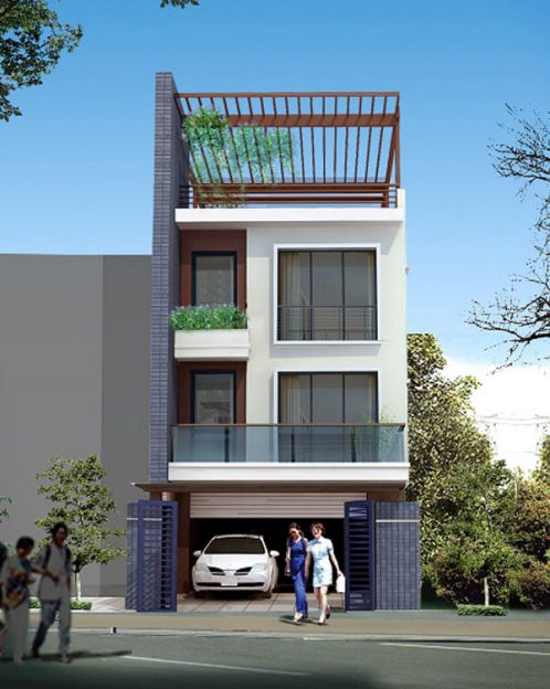 Hình ảnh phối cảnh 3D mẫu thiết kế nhà ống có tầng hầm là gara ô tô, tầng thượng trồng cây xanh có lam che thoáng mát.